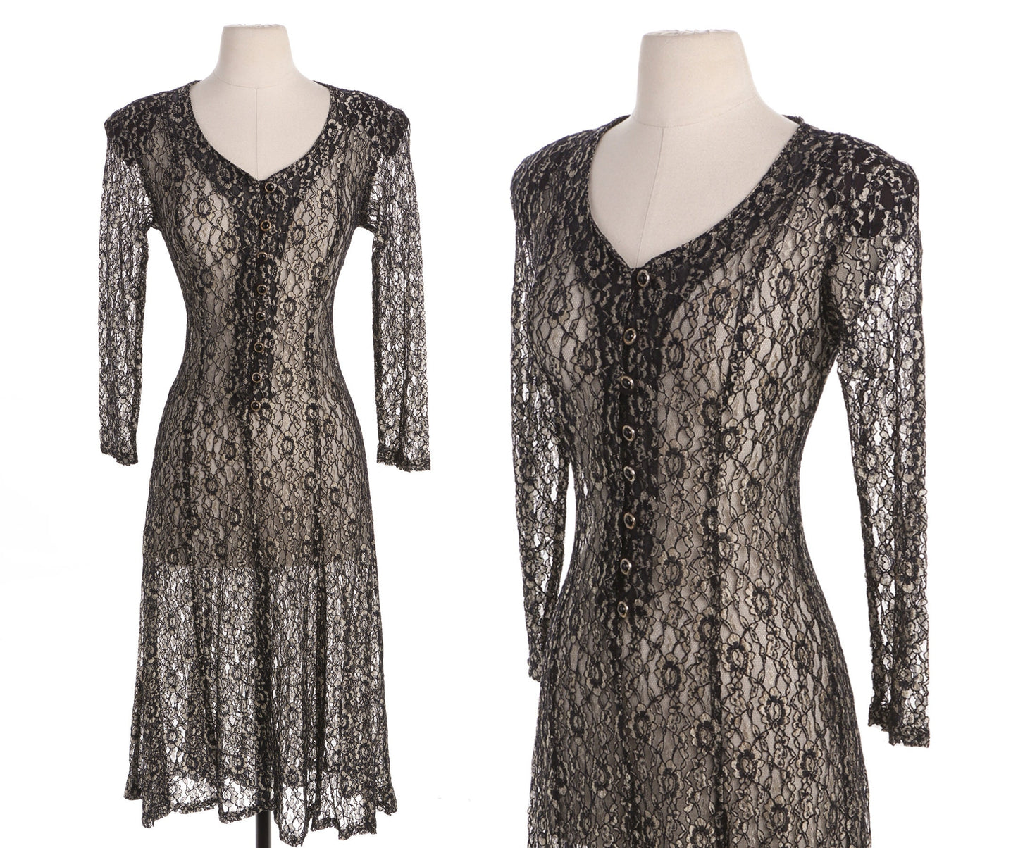 Vintage Woman Black Floral Lace 90's Summer Dress with Back Waist Tie by Timins