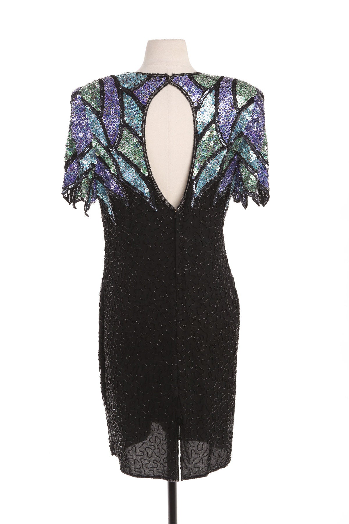 Vintage Sequin Dress - Short Sleeve - Shoulder Leaves Pattern - Era - 80's 90's