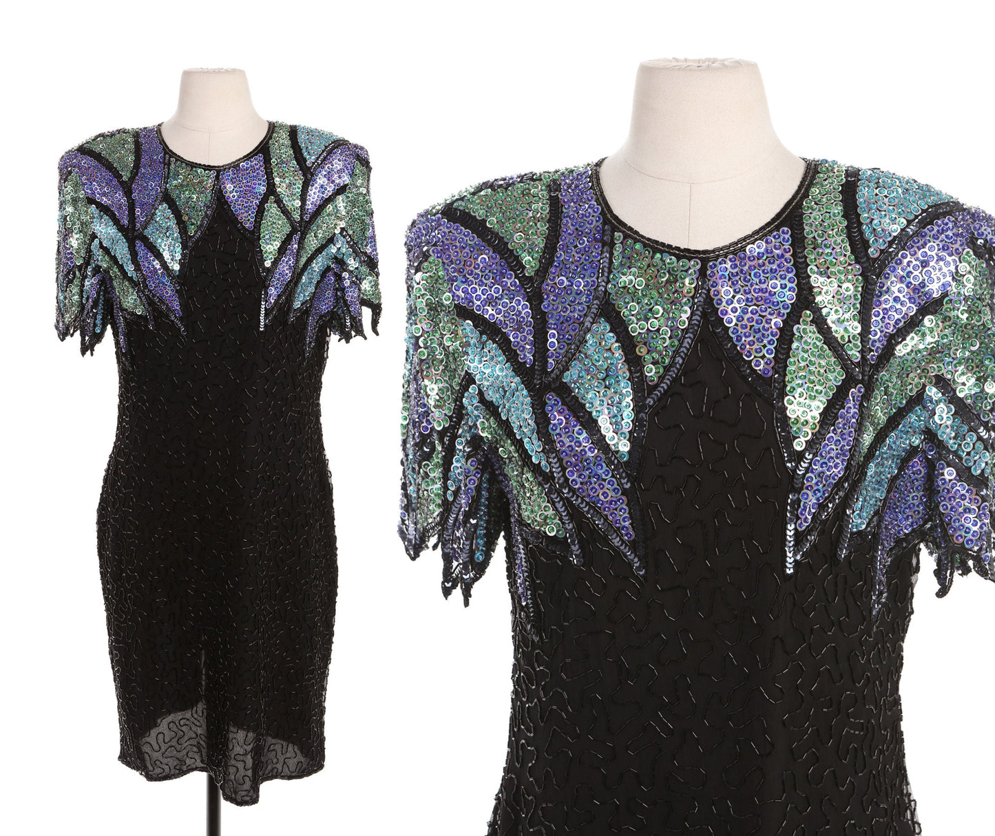 Vintage Sequin Dress - Short Sleeve - Shoulder Leaves Pattern - Era - 80's 90's