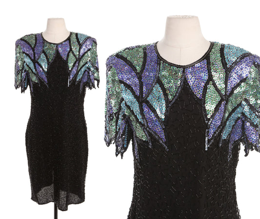 Vintage Sequin Dress - Short Sleeve - Shoulder Leaves Pattern - Era - 80's 90's