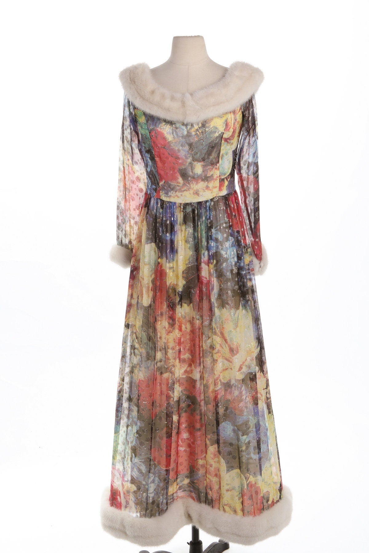 Vintage Floral Print Long Elegant Dress with Fur Collar