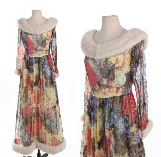 Vintage Floral Print Long Elegant Dress with Fur Collar