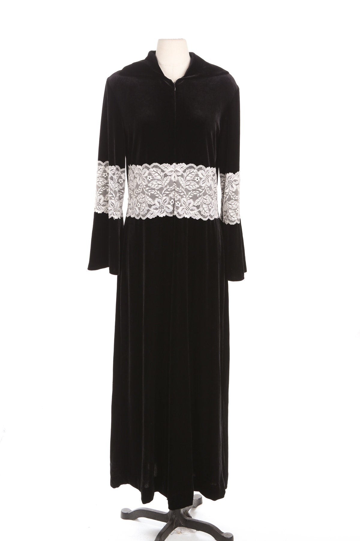 Black Long Velvet Dress with White Lace Waist Details
