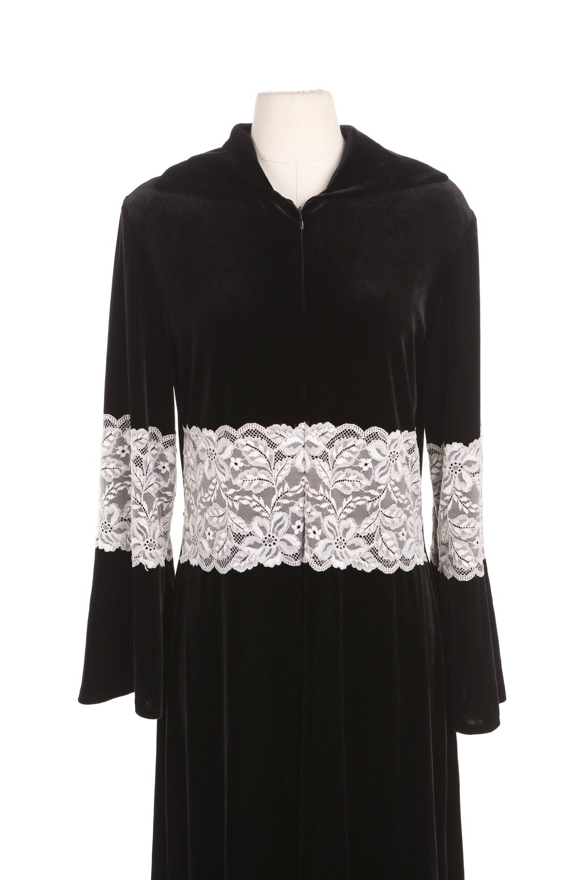 Black Long Velvet Dress with White Lace Waist Details