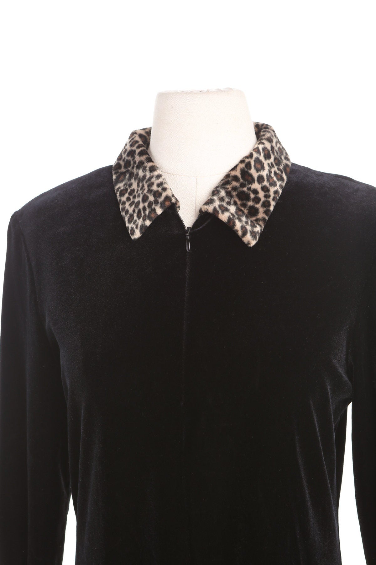 Black Velvet Dress with Leopard Print Collar and Cuffs - Era 90's - Y2K
