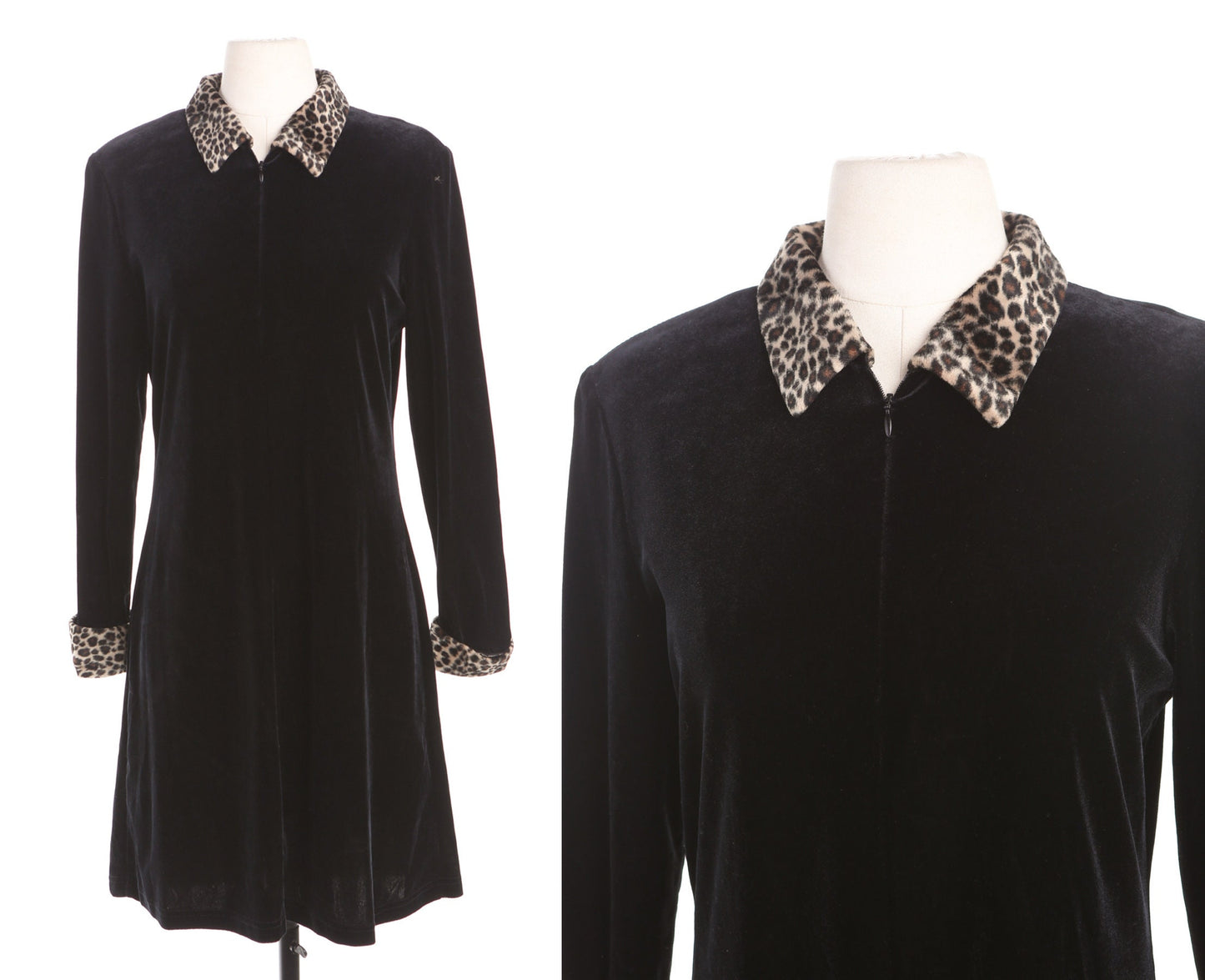 Black Velvet Dress with Leopard Print Collar and Cuffs - Era 90's - Y2K