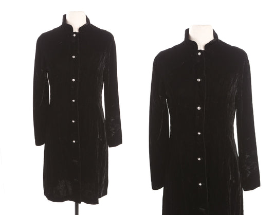 Women Black Velvet Button Down Long Sleeve Dress