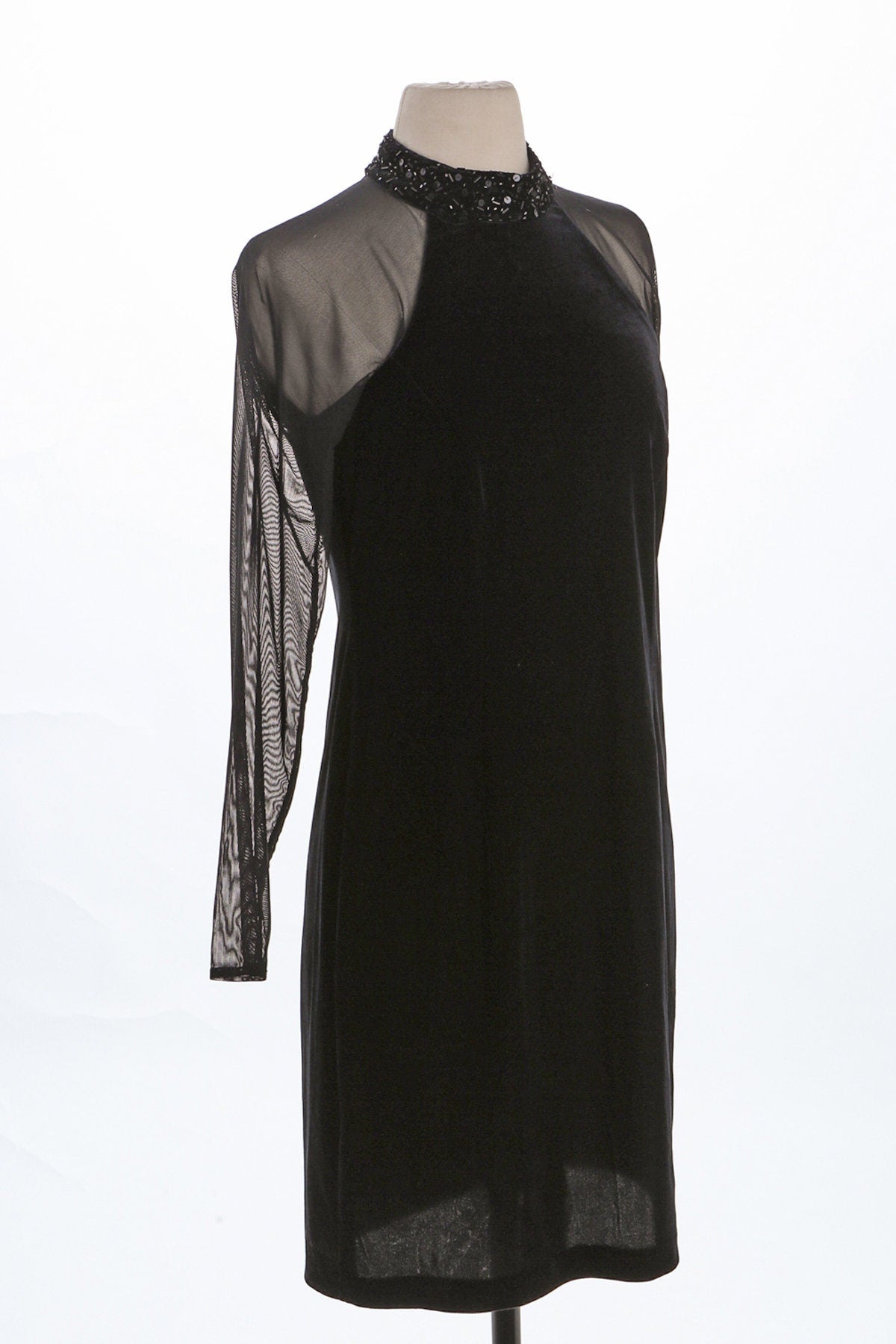 Women Black Velvet Casual Dress with Long Sheer Sleeves