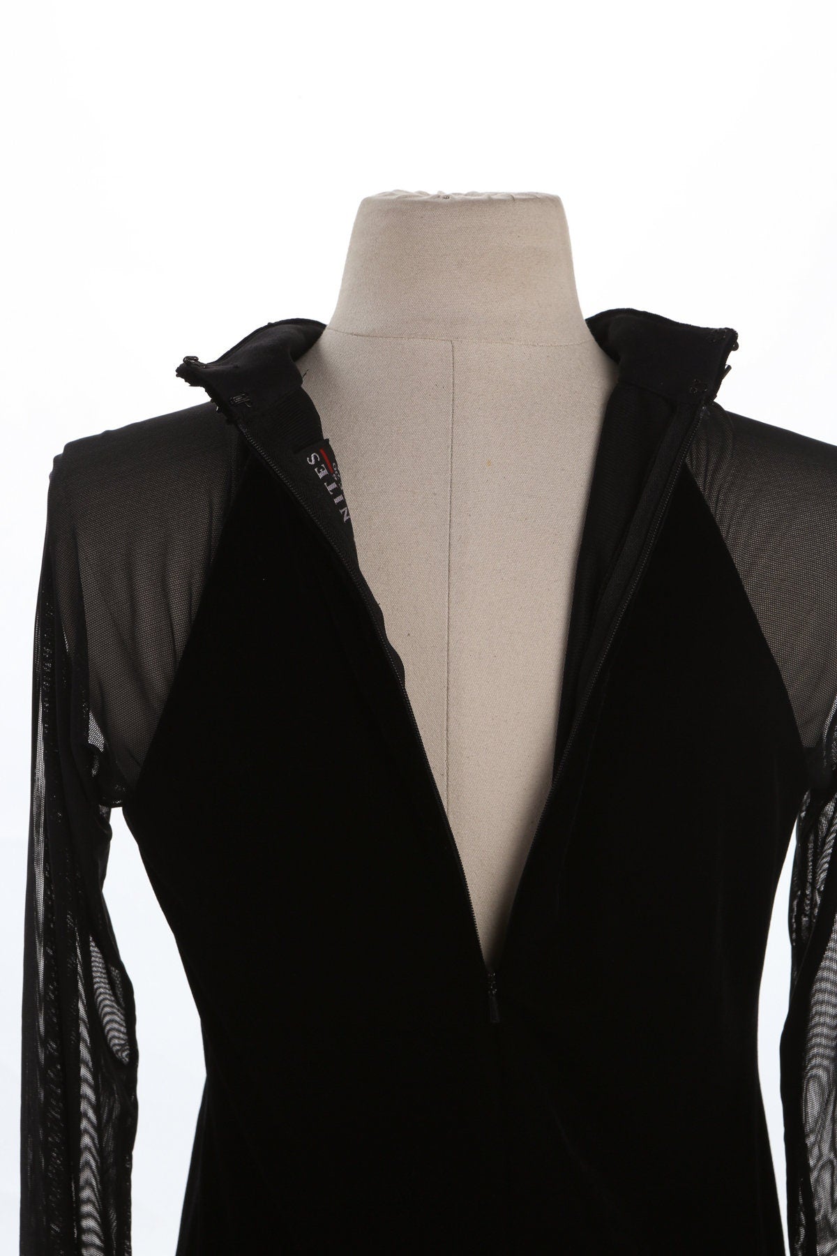 Women Black Velvet Casual Dress with Long Sheer Sleeves