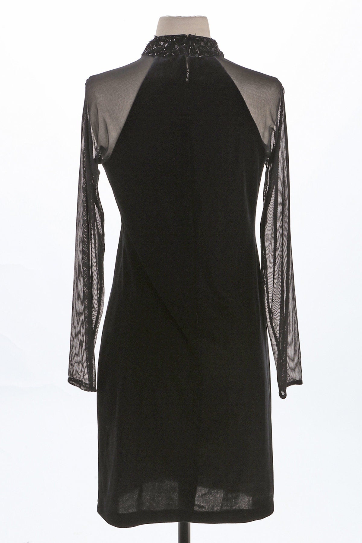 Women Black Velvet Casual Dress with Long Sheer Sleeves