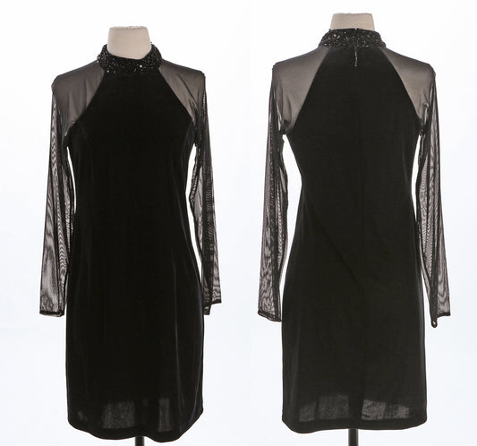 Women Black Velvet Casual Dress with Long Sheer Sleeves