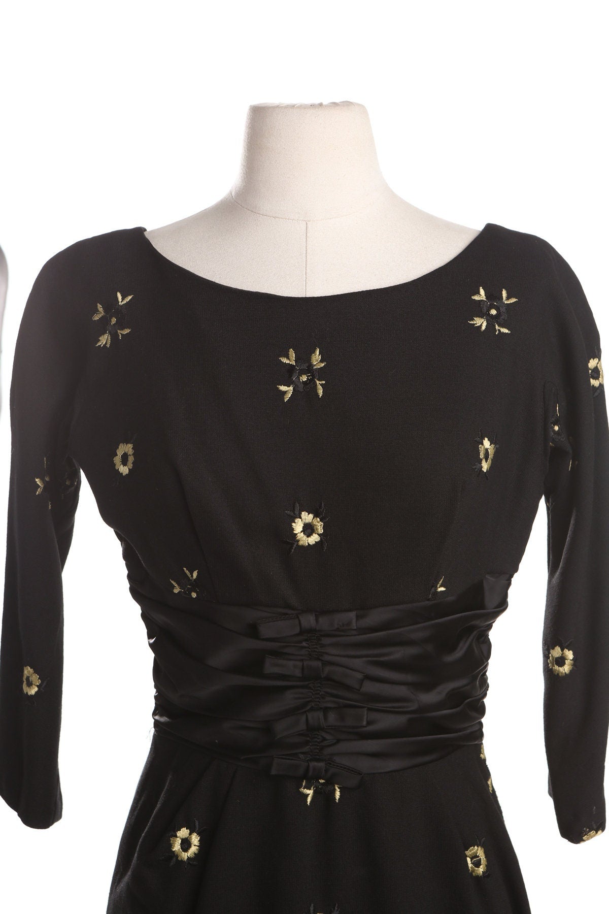 50's Women Black Evening Dress with Yellow Flower Embroidered Details