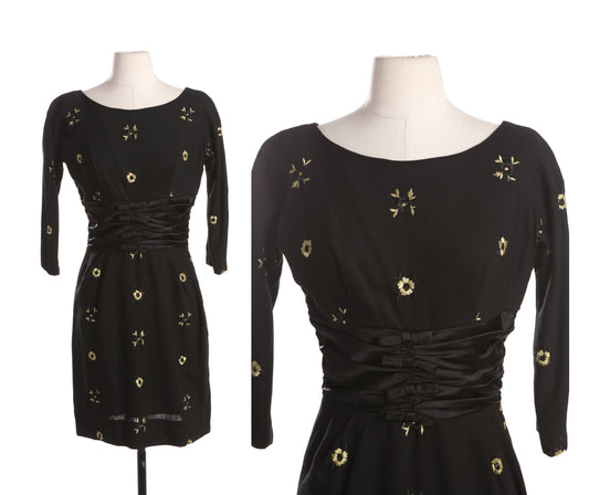 50's Women Black Evening Dress with Yellow Flower Embroidered Details
