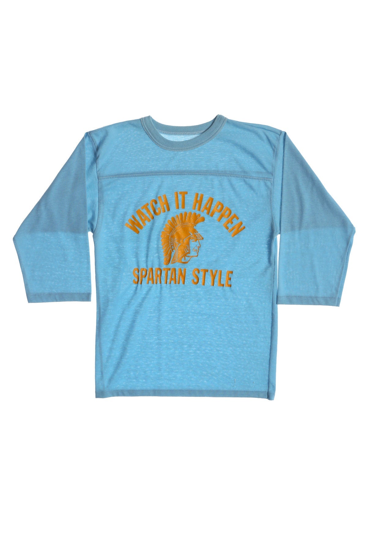 Vintage Blue Graphic T-shirt - Watch It Happen Spartan Style Yellow Print - Era 70's -80's