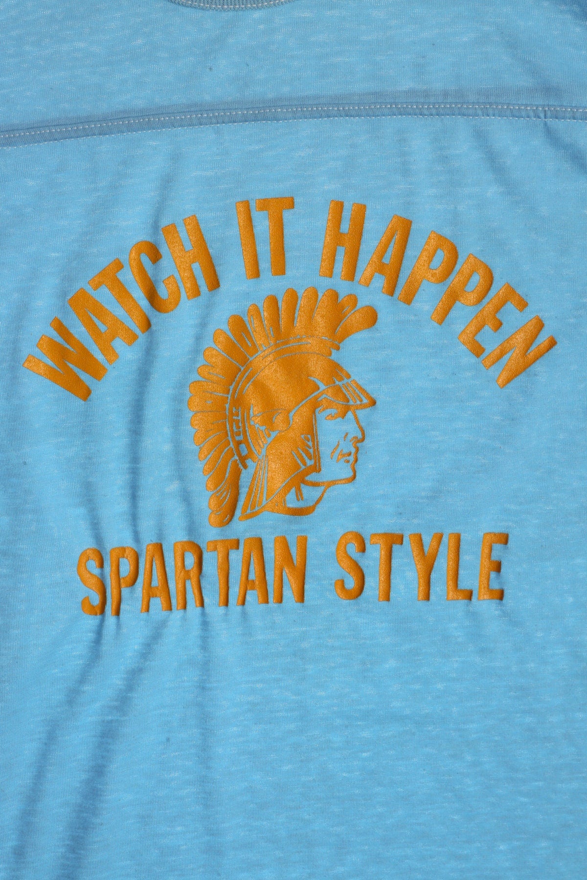 Vintage Blue Graphic T-shirt - Watch It Happen Spartan Style Yellow Print - Era 70's -80's
