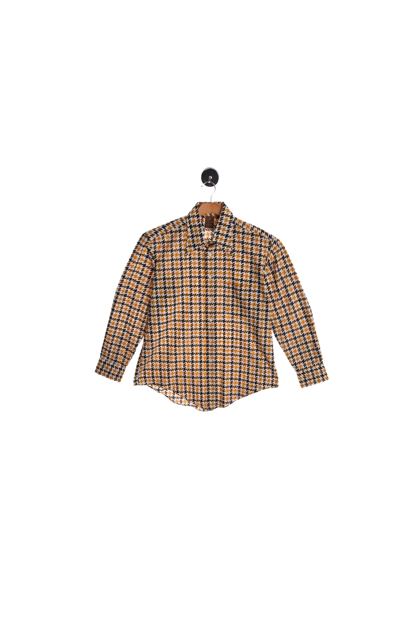 70's Plaid Shirt - White Black Yellow Houndstooth Print - Long Sleeve - Mod