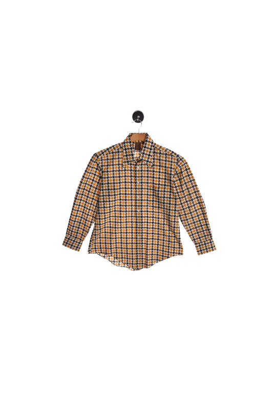 70's Plaid Shirt - White Black Yellow Houndstooth Print - Long Sleeve - Mod
