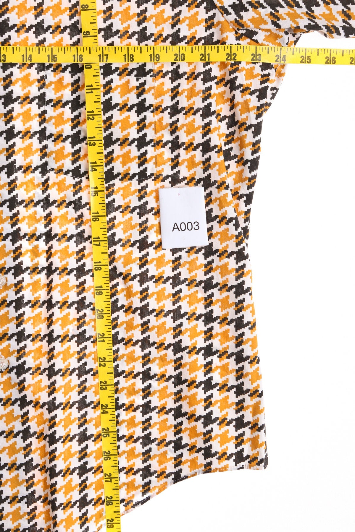 70's Plaid Shirt - White Black Yellow Houndstooth Print - Long Sleeve - Mod