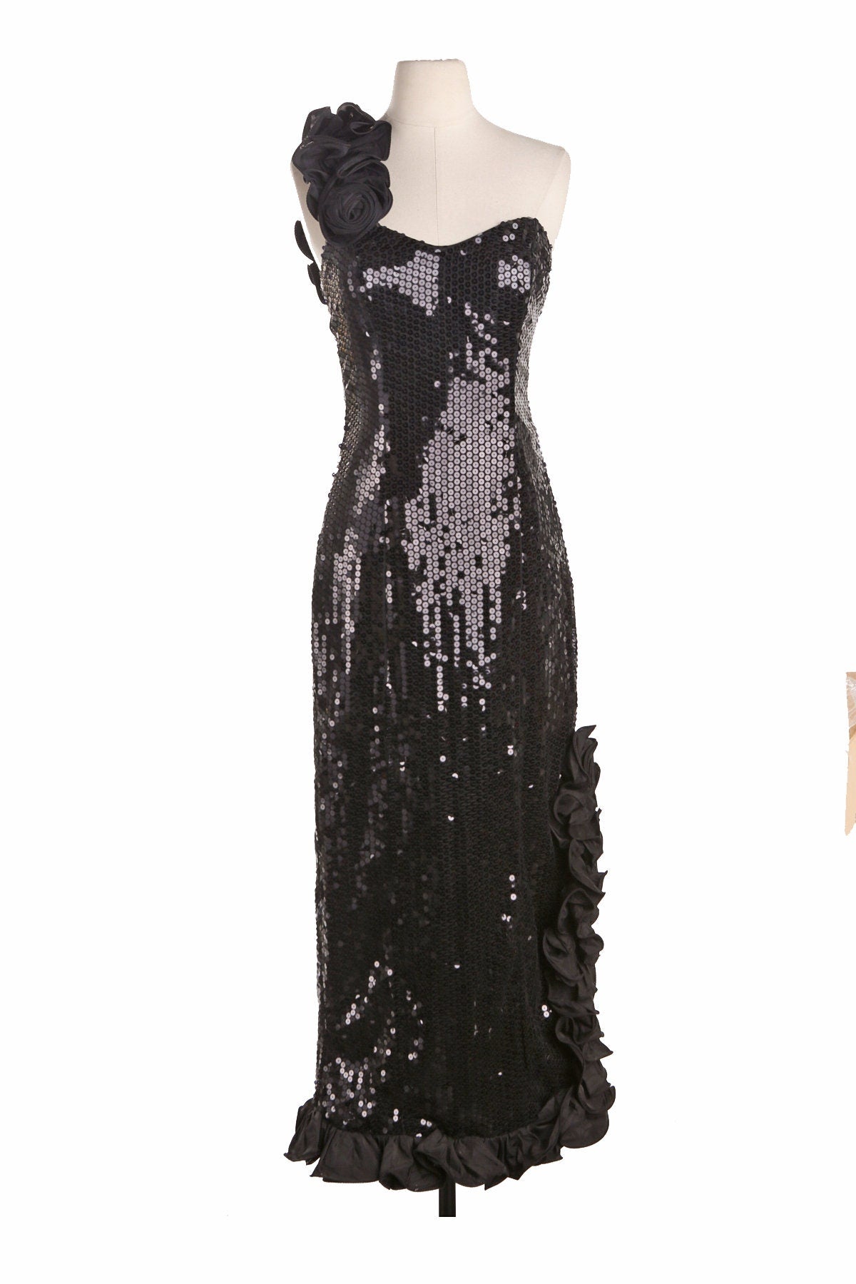 Vintage Black Sequin Dress - Formal Event - Shoulder Rose Detail - Era 70's - 80's