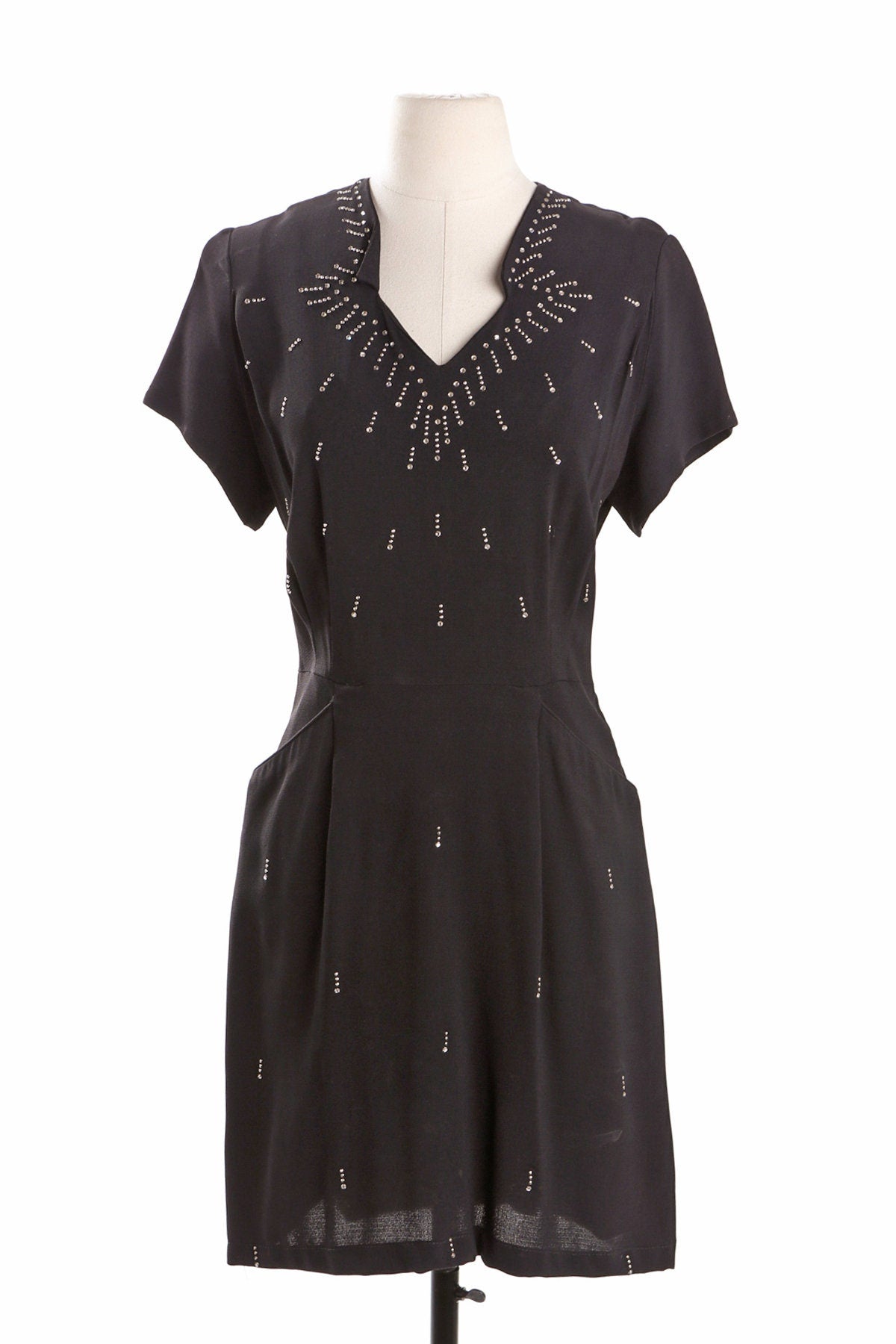 40's Black Casual Dress with Rhinestone Details by Lovette Fashions