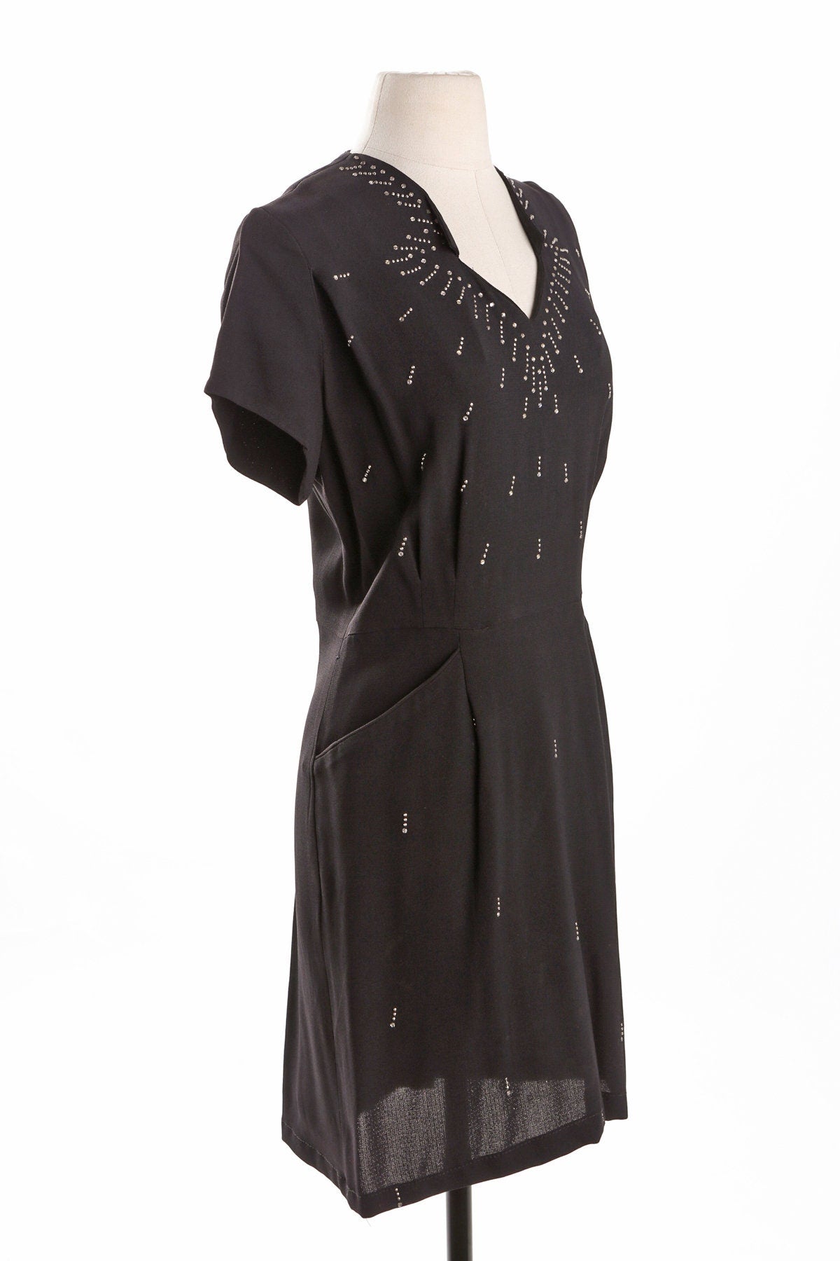 40's Black Casual Dress with Rhinestone Details by Lovette Fashions