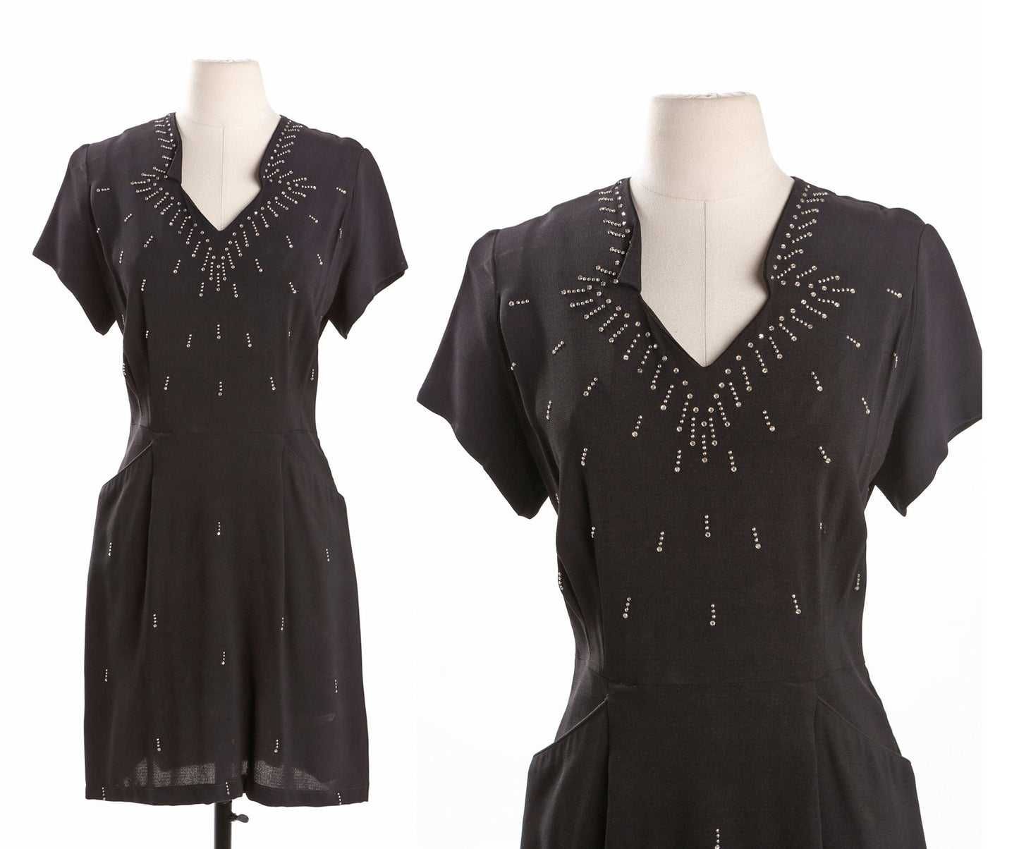 40's Black Casual Dress with Rhinestone Details by Lovette Fashions