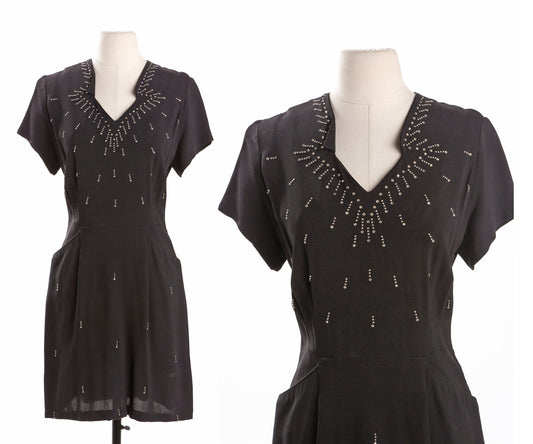 40's Black Casual Dress with Rhinestone Details by Lovette Fashions