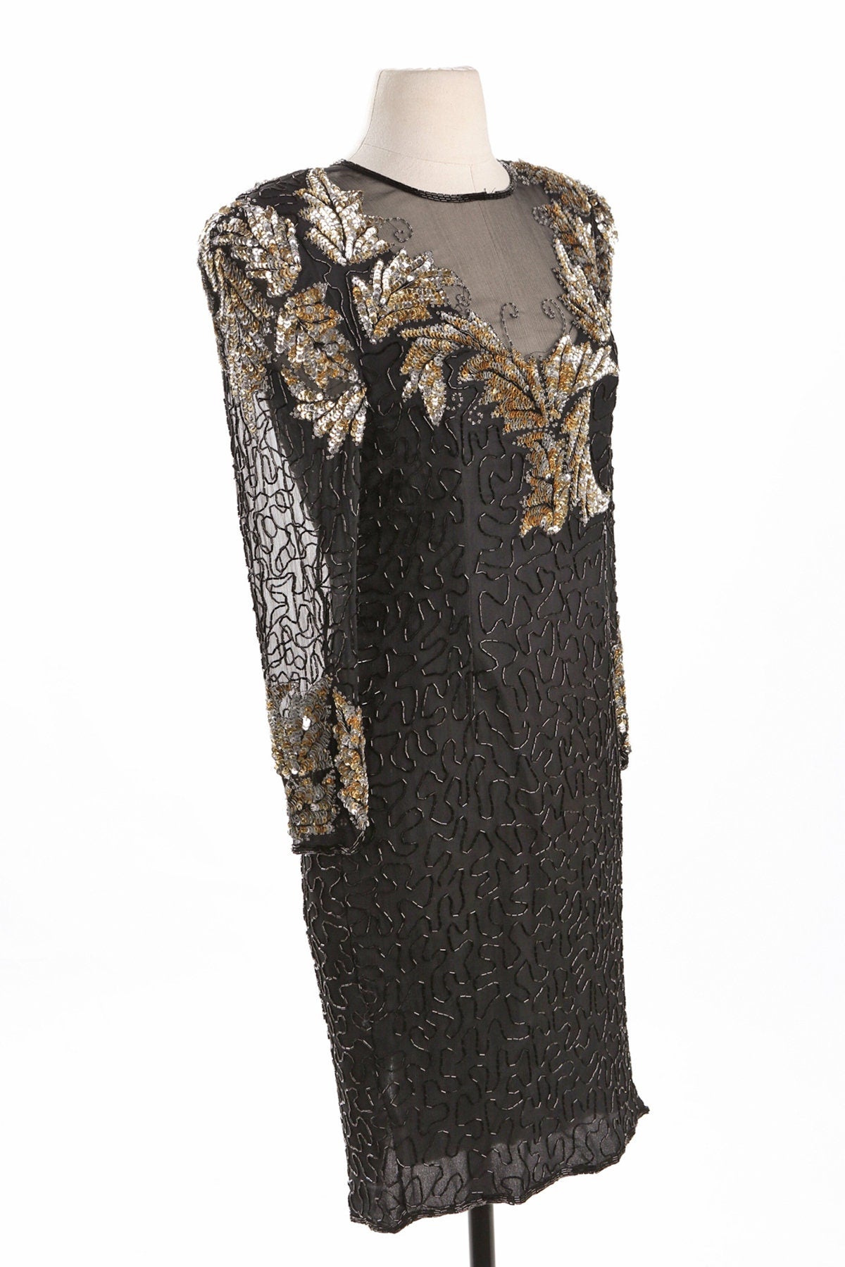 Black Sequin Dress with Sheer Sleeves and Golden Leaves Details - Era 80's - 90's