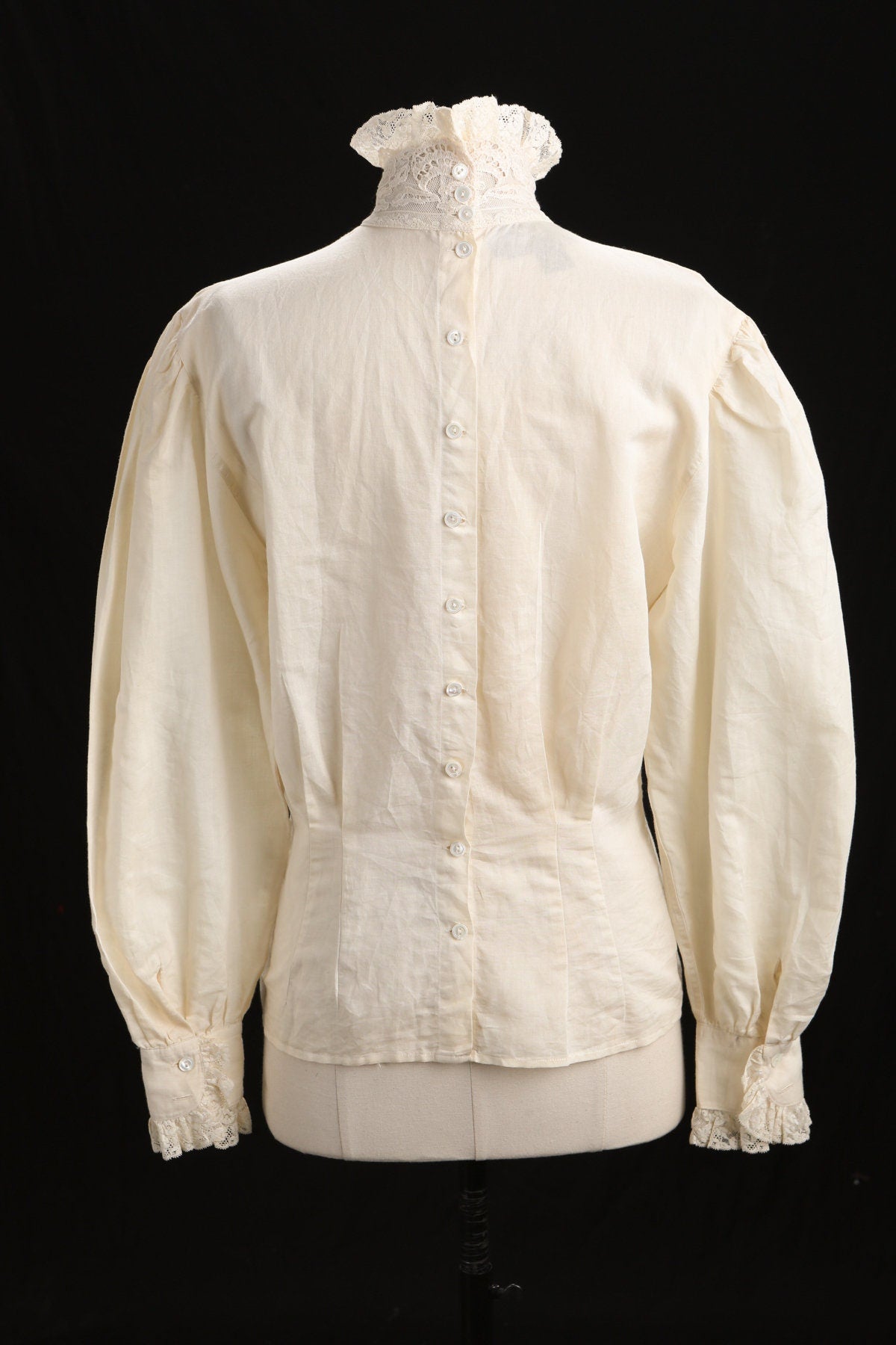 Victorian Style Turtleneck Beige Lace Blouse with Front Collar Bow Detail