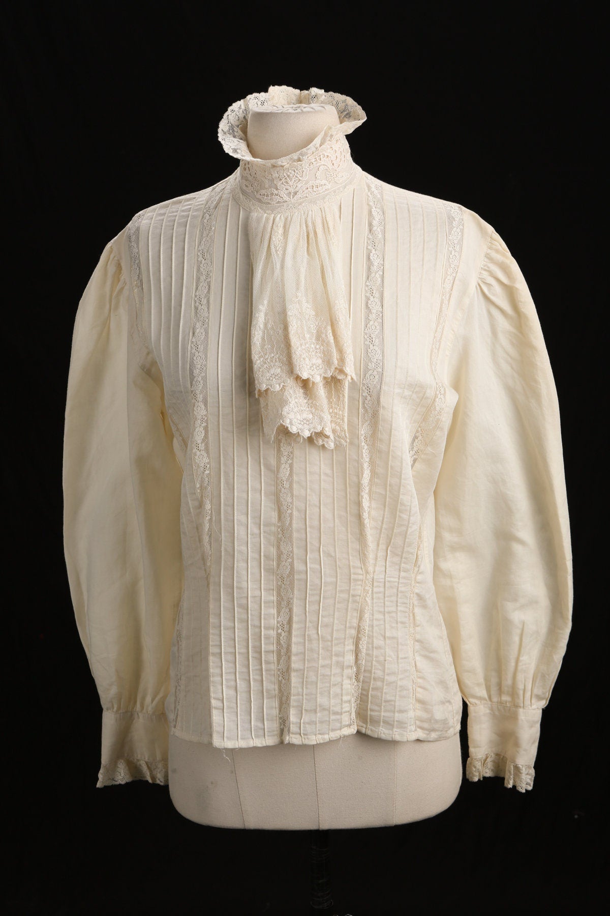 Victorian Style Turtleneck Beige Lace Blouse with Front Collar Bow Detail