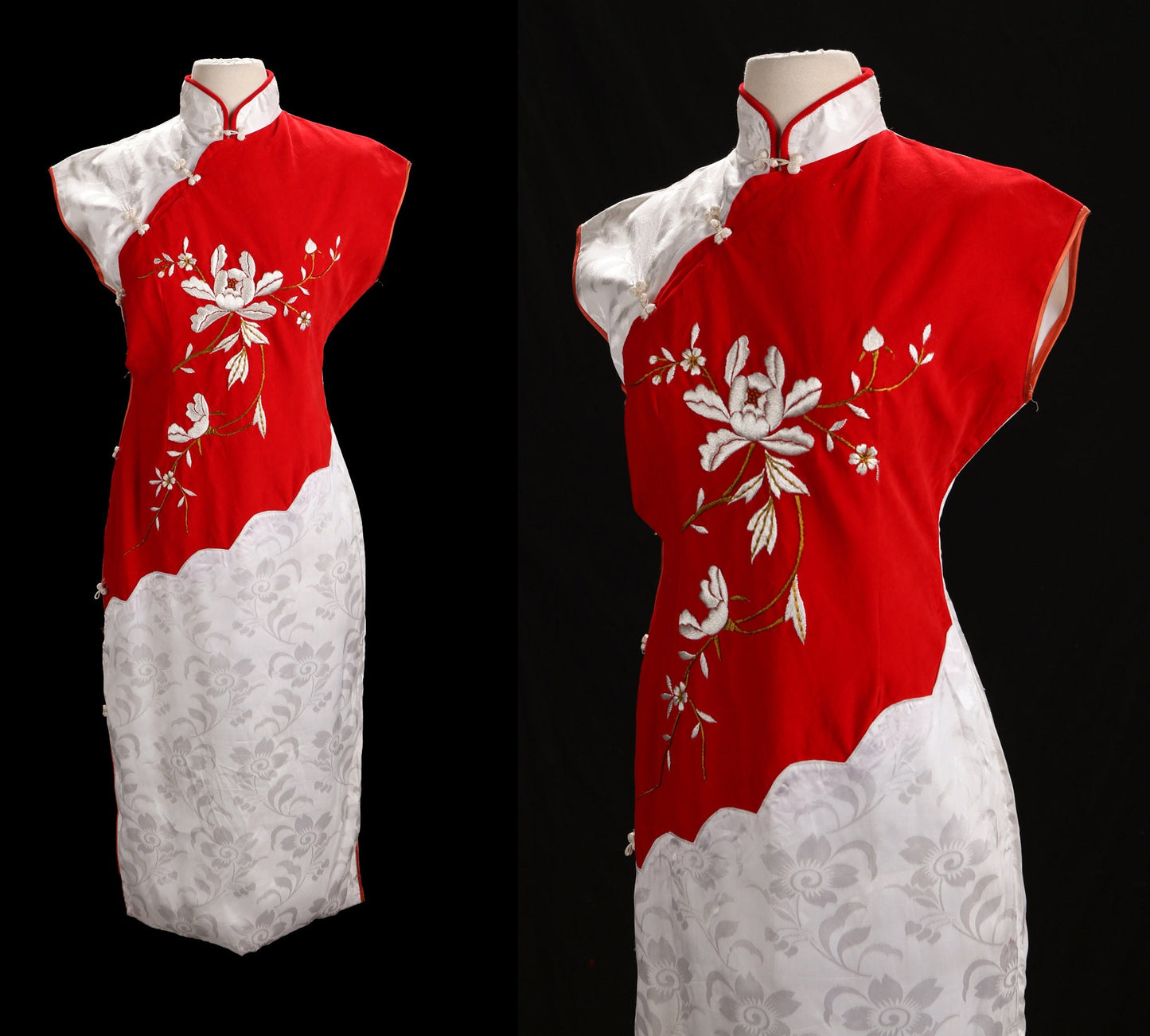 Vintage Cheongsam White and Red Dress with Floral Embroidered Details