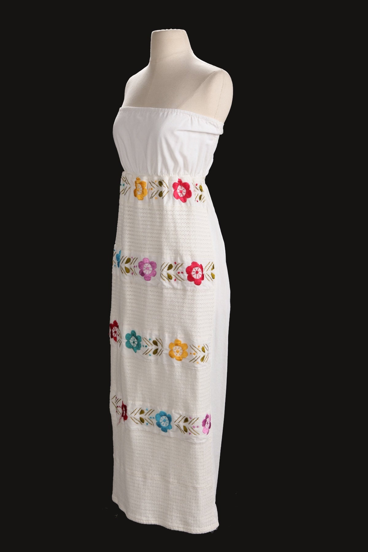 Women Strapless Embroidered Dress - Flower Embroidery - Back Tie Closure