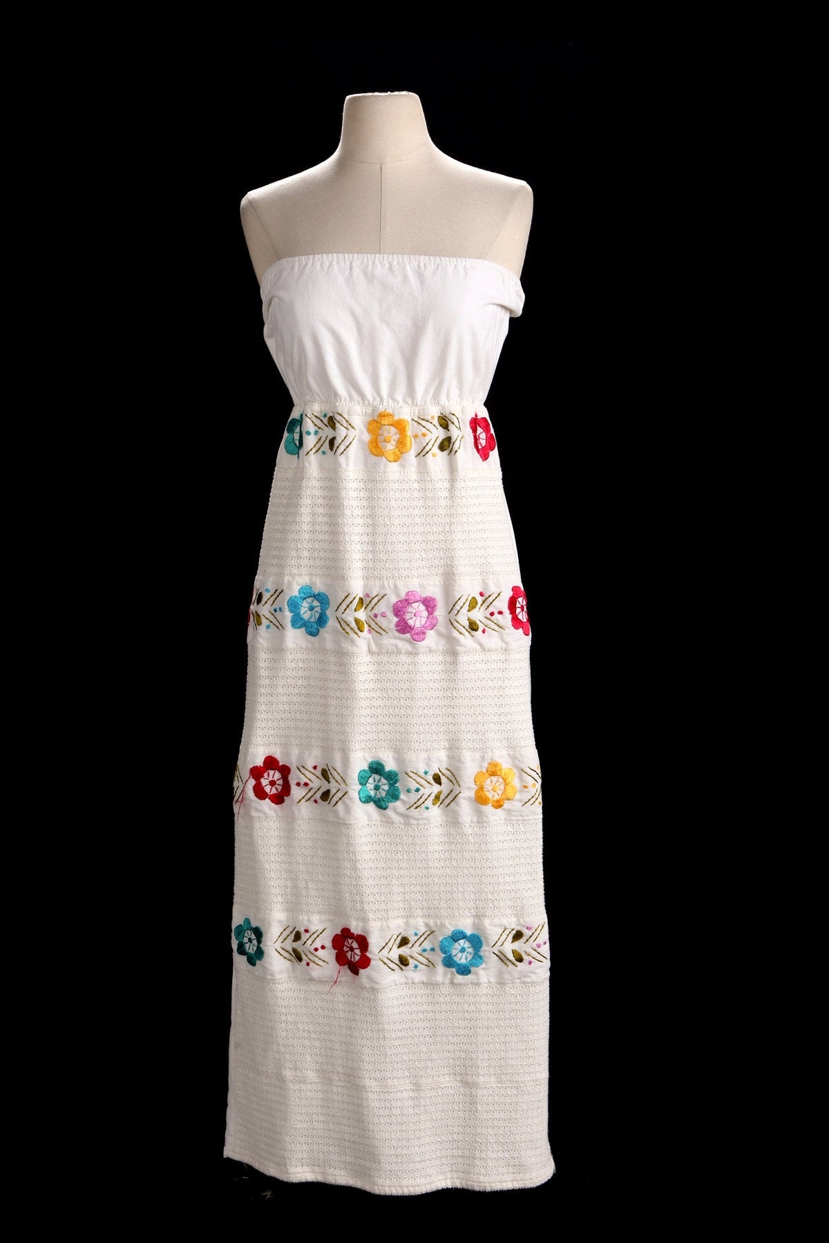 Women Strapless Embroidered Dress - Flower Embroidery - Back Tie Closure
