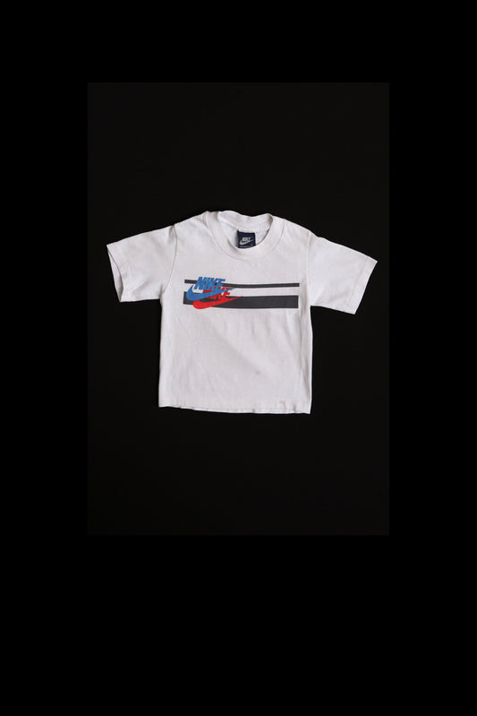 Vintage Children Nike White Graphic T-shirt - Blue Label - Striped - Era 80's -90's