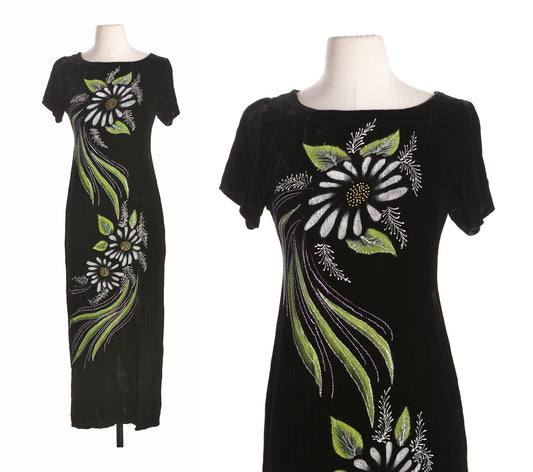 Vintage Black Velvet Dress with Hand Painted White Floral Designs