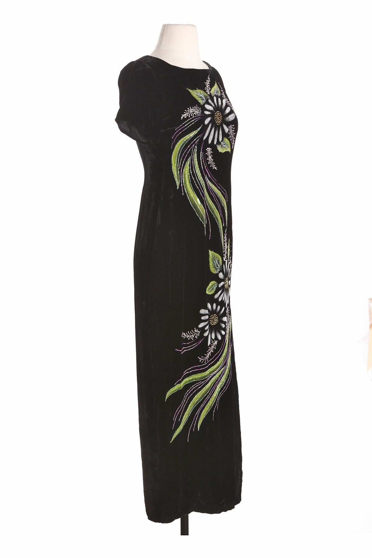 Vintage Black Velvet Dress with Hand Painted White Floral Designs