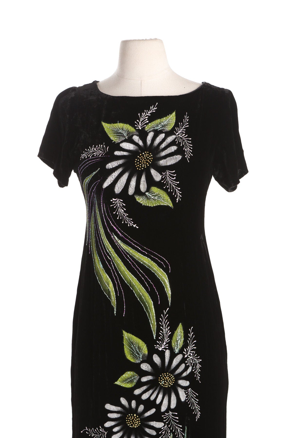 Vintage Black Velvet Dress with Hand Painted White Floral Designs