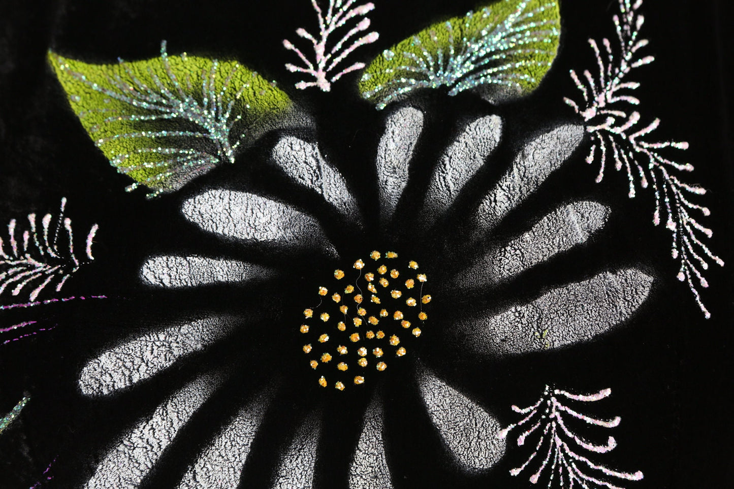 Vintage Black Velvet Dress with Hand Painted White Floral Designs