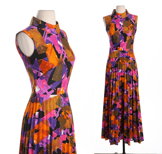 70's Long Geometric Print Pink Summer Dress