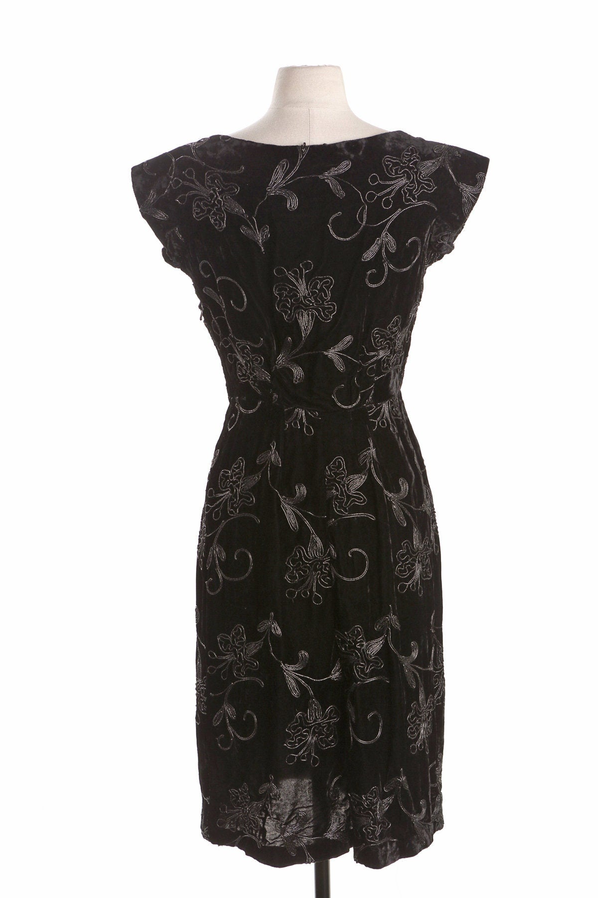 40's Black Casual Dress with Embroidered Floral Designs - Steel Side Zipper