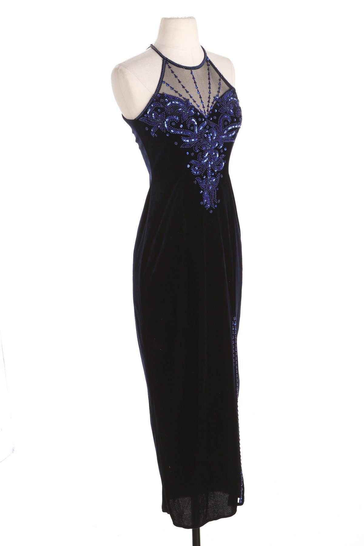 90's Black Velvet Party Dress with Blue Sequin Detail