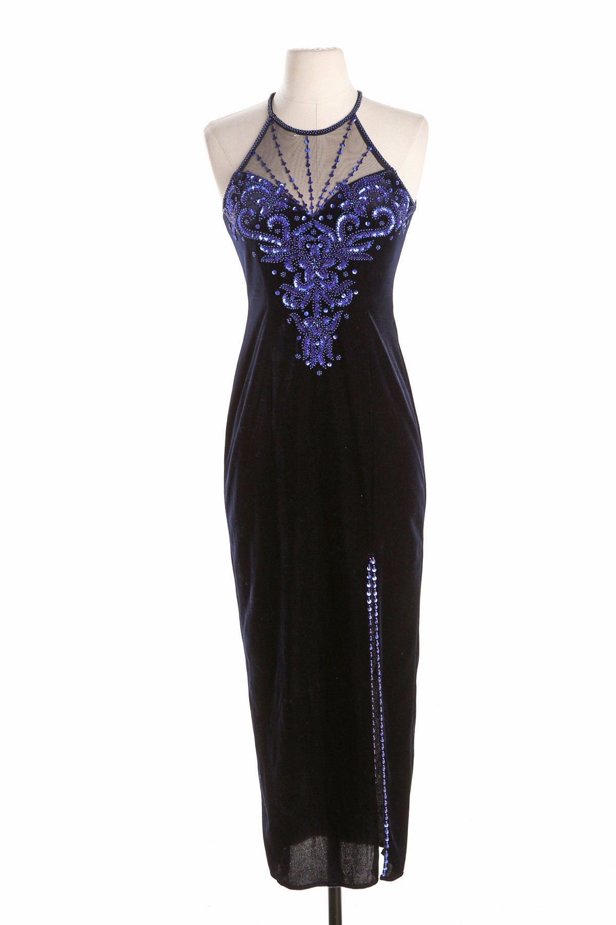 90's Black Velvet Party Dress with Blue Sequin Detail