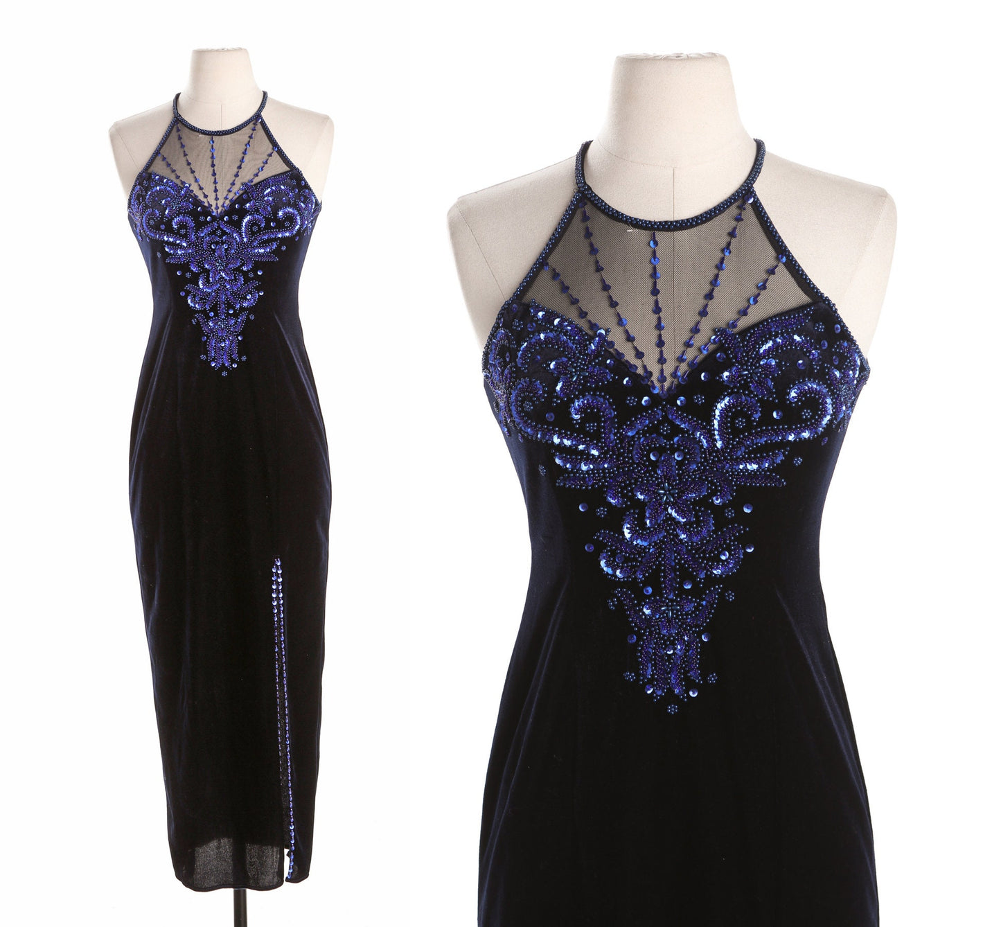 90's Black Velvet Party Dress with Blue Sequin Detail