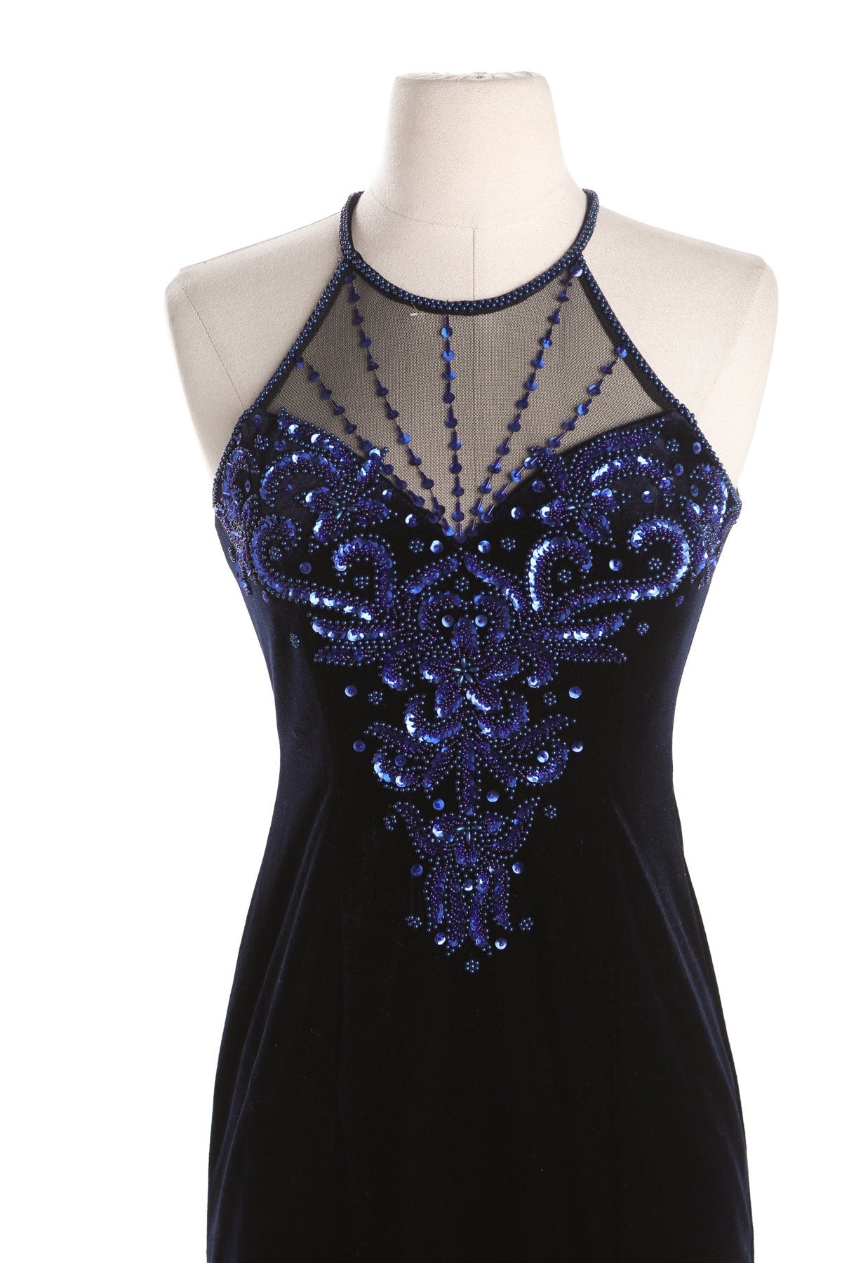 90's Black Velvet Party Dress with Blue Sequin Detail