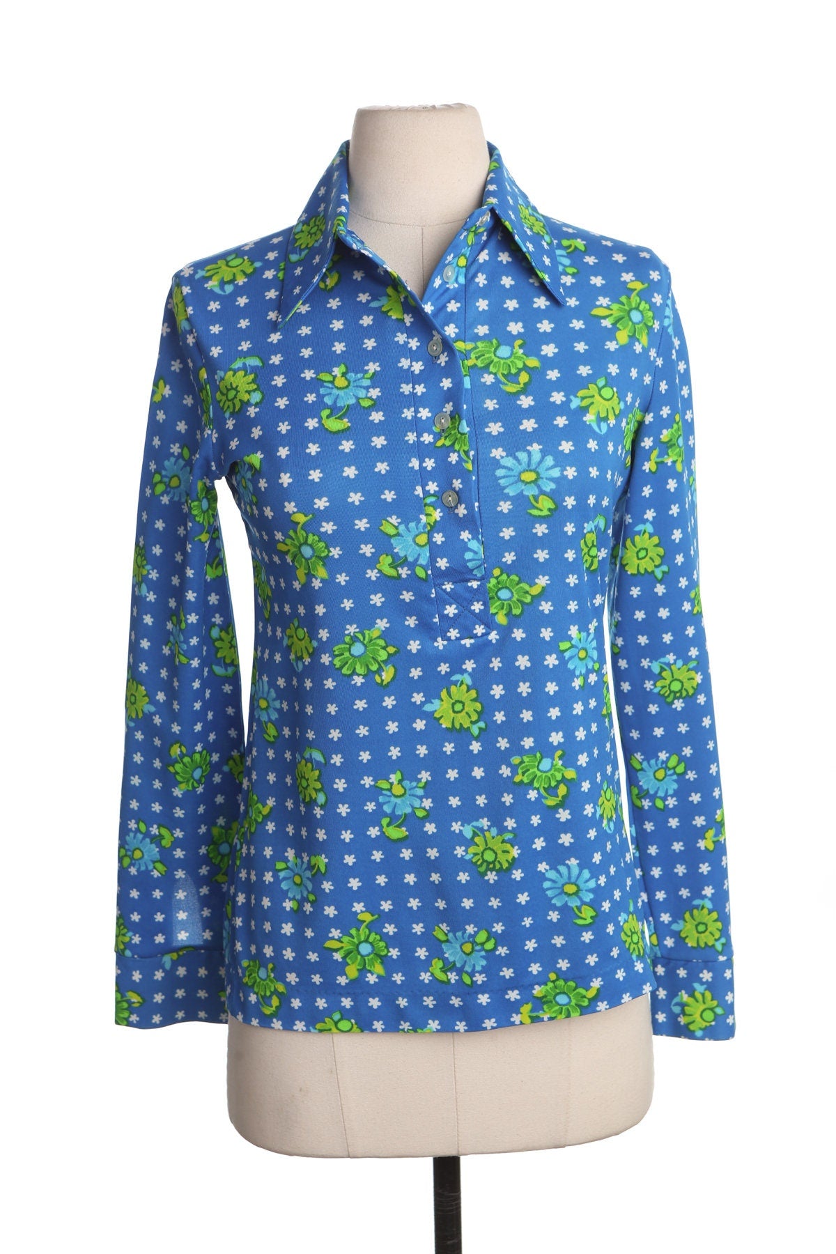 70's Blue Poly Top with Green Floral Print