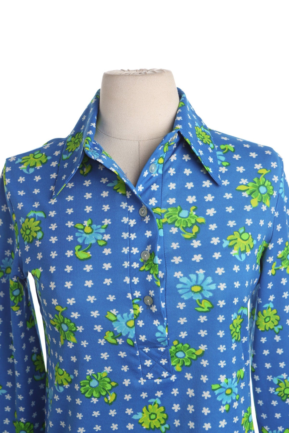 70's Blue Poly Top with Green Floral Print
