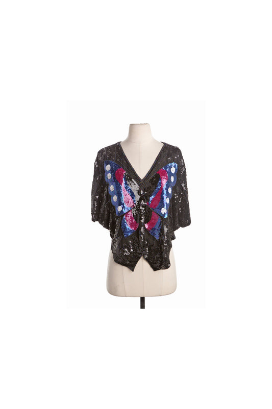 Vintage Black Sequin Top with Butterfly Design - Era (80's - 90's)