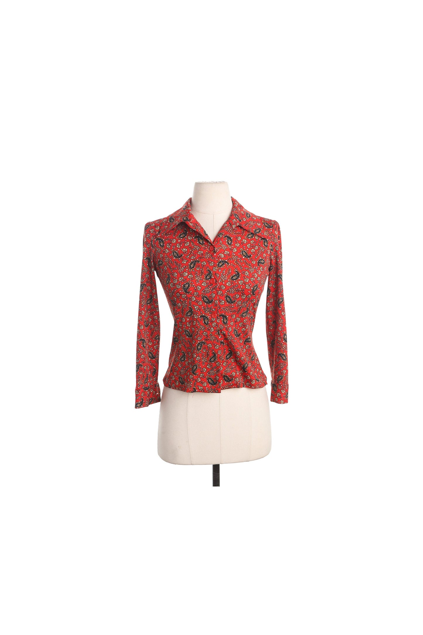 70's Red Paisley Print Poly Top