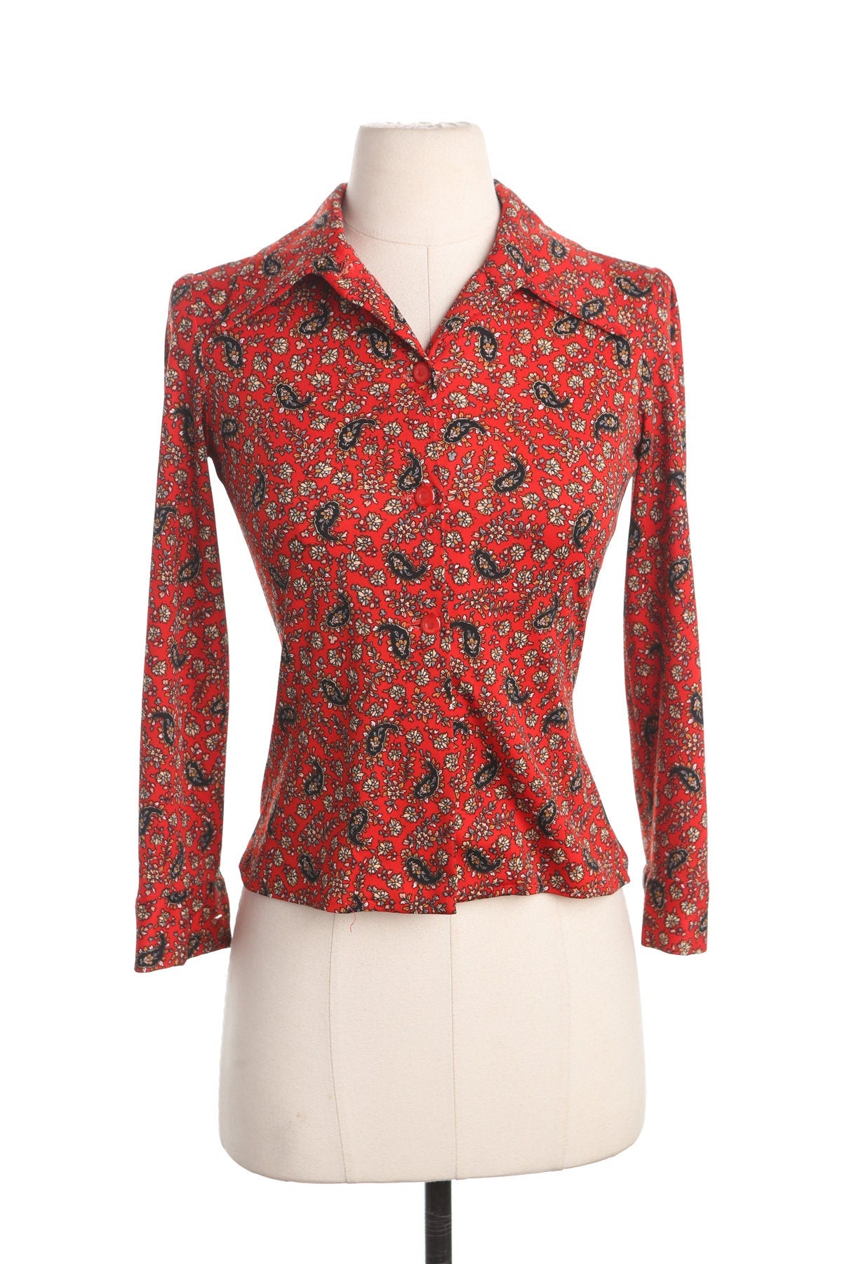 70's Red Paisley Print Poly Top