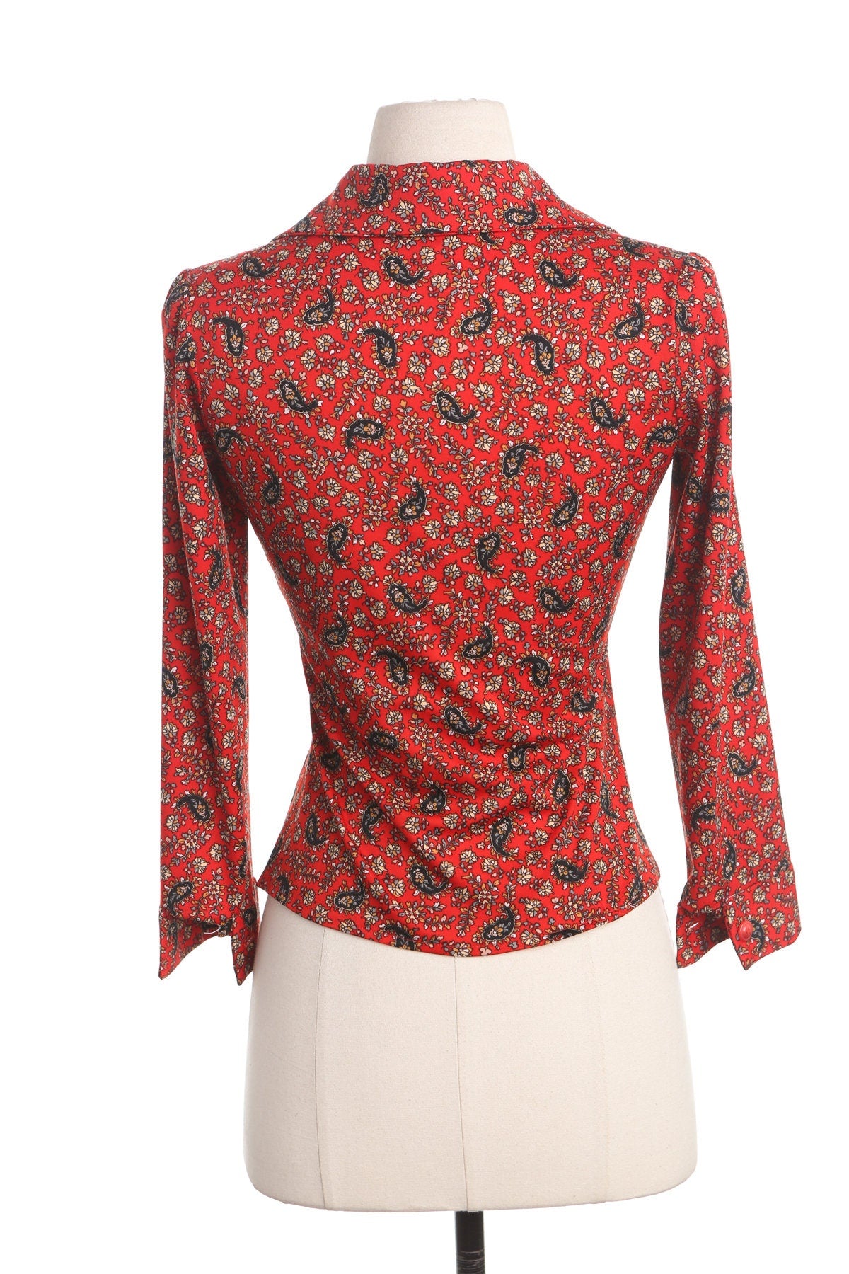 70's Red Paisley Print Poly Top